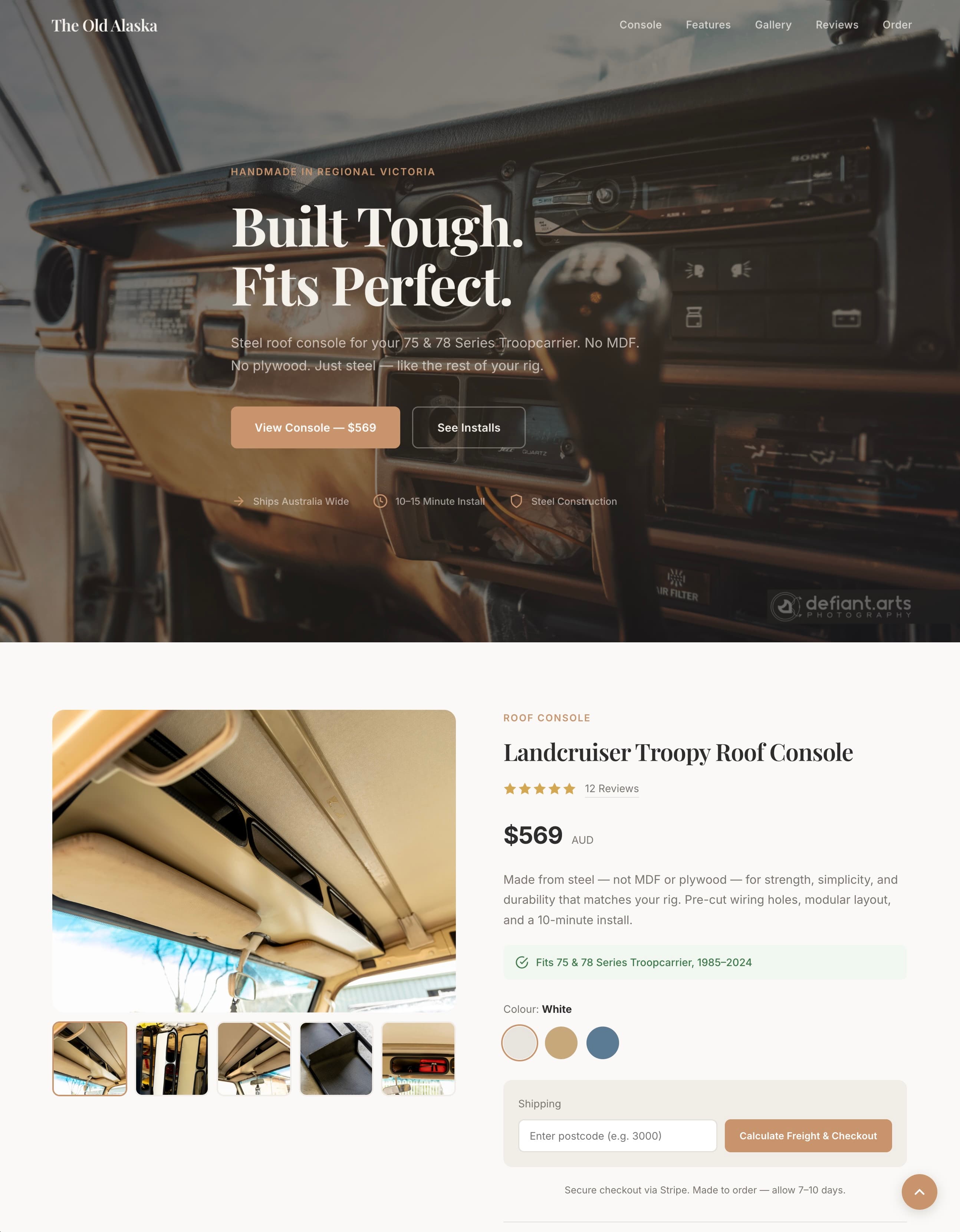 Screenshot of The Old Alaska product page showing a Landcruiser Troopy roof console with Stripe checkout